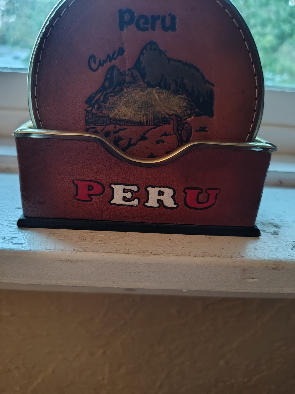 Peru Leather Coaster Set Holder - Red and Brown
